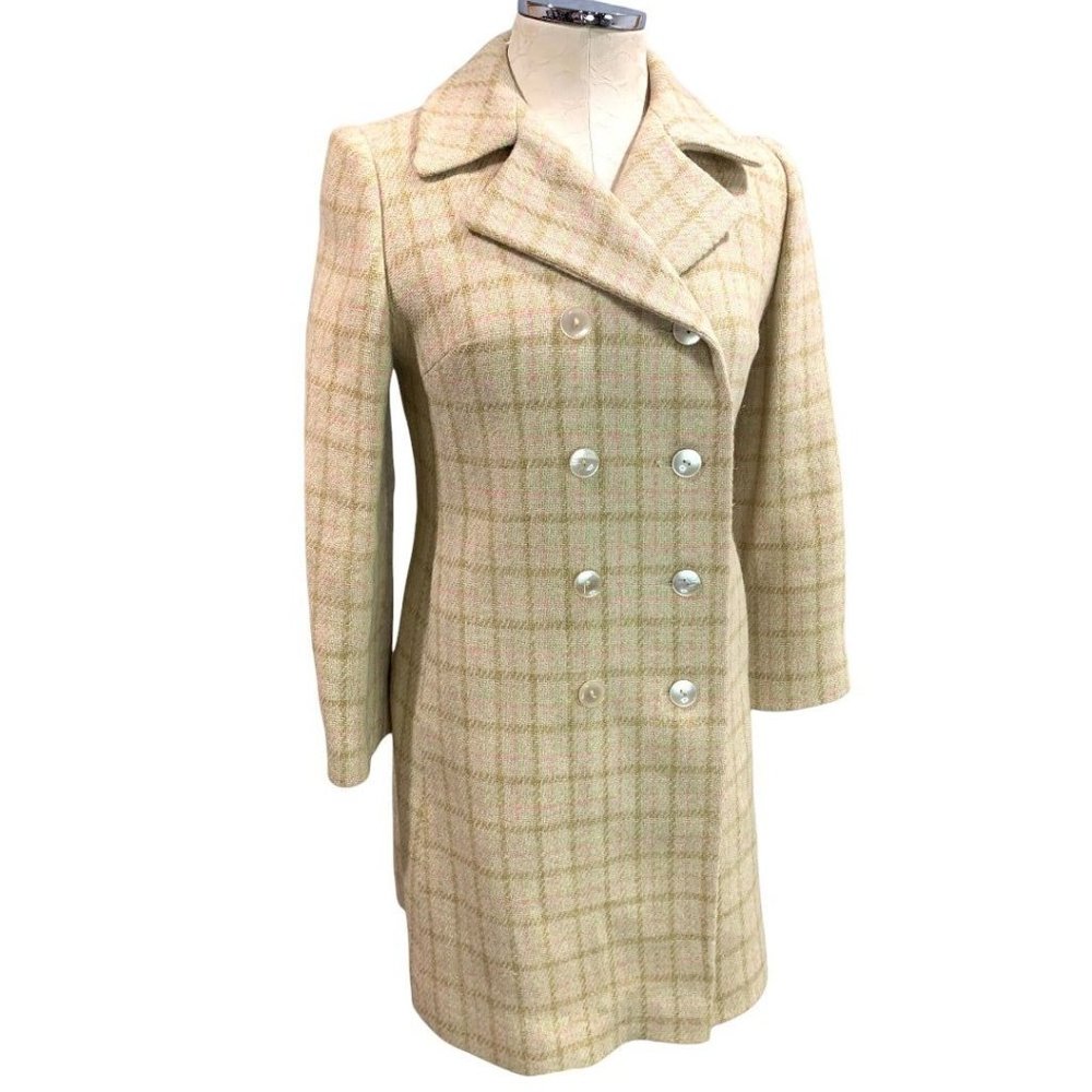 Small Vintage 1960s Cream Plaid Pink Green Overcoat Union Label Double Breasted